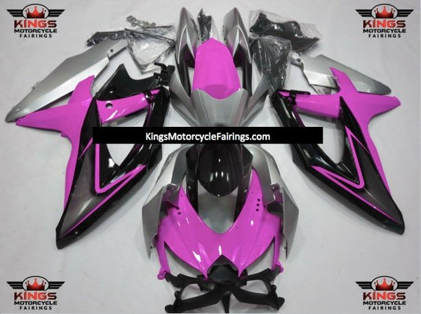 Pink, Silver and Black Fairing Kit for a 2008, 2009, & 2010 Suzuki GSX-R600 motorcycle