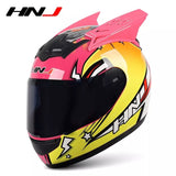 The Pink and Yellow Love Bird HNJ Full-Face Motorcycle Helmet with Horns is brought to you by Kings Motorcycle Fairings