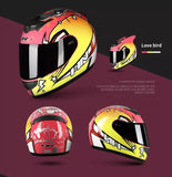 The Pink and Yellow Love Bird HNJ Full-Face Motorcycle Helmet with Horns is brought to you by Kings Motorcycle Fairings
