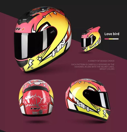 dot approved motorcycle helmets brightly colored Motorcycle Helmet - Pink, Yellow Love Bird & Horns