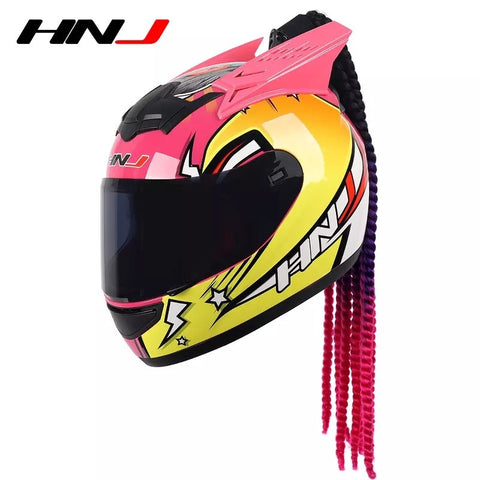 The Pink and Yellow Love Bird HNJ Full-Face Motorcycle Helmet with Horns & Braids is brought to you by Kings Motorcycle Fairings