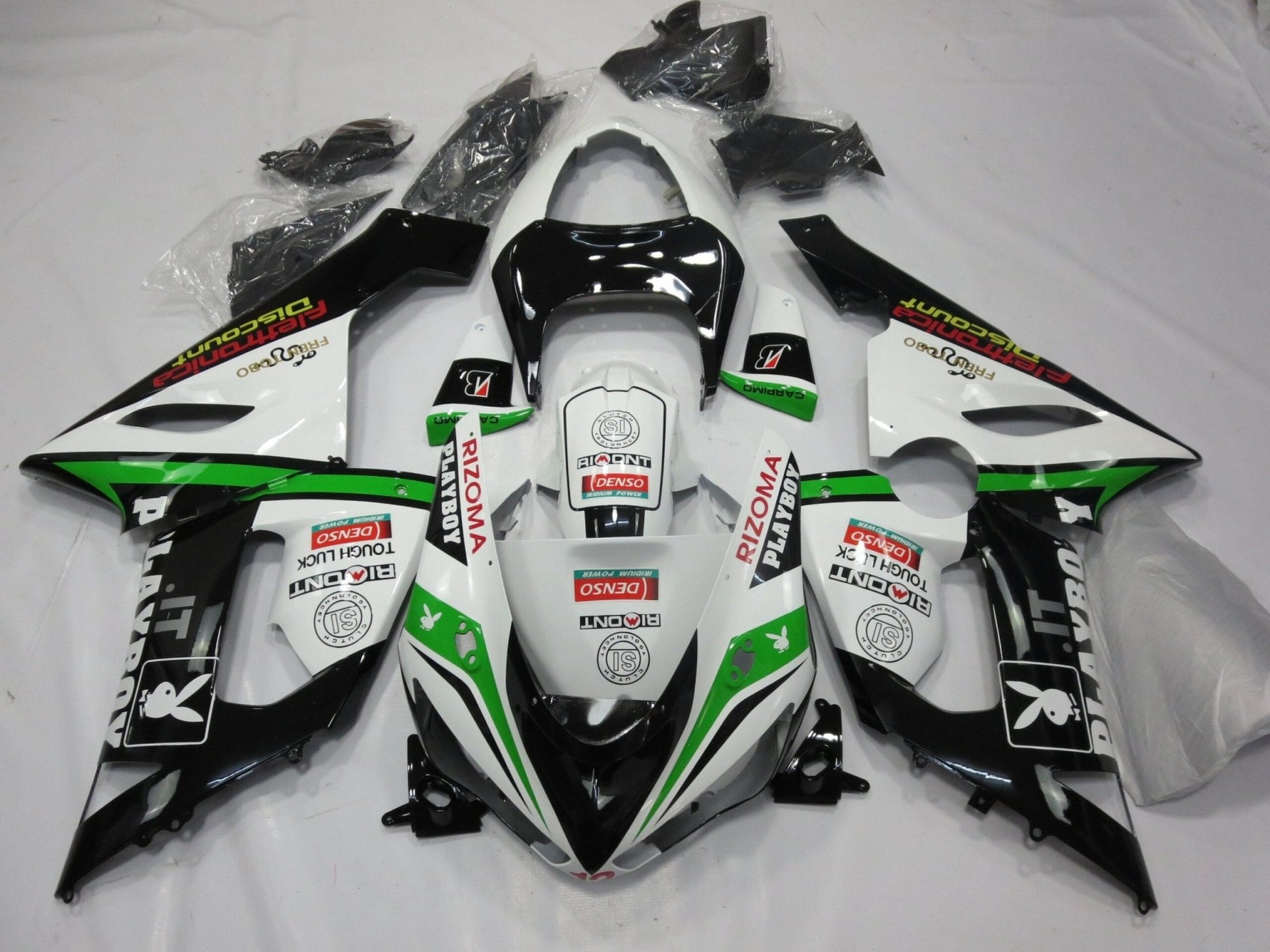 White, Black and Green Playboy Fairing Kit for a 2005 & 2006 Kawasaki ZX-6R 636 motorcycle