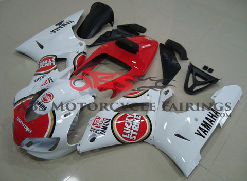 Red and White Lucky Strike Fairing Kit for a 1998 & 1999 Yamaha YZF-R1 motorcycle