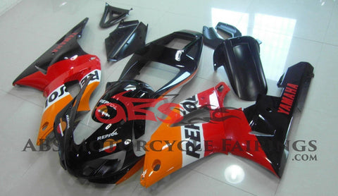 Black, Orange and Red Repsol Fairing Kit for a 1998 & 1999 Yamaha YZF-R1 motorcycle