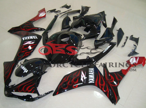 Black and Red Flame Fairing Kit for a 2007 & 2008 Yamaha YZF-R1 motorcycle