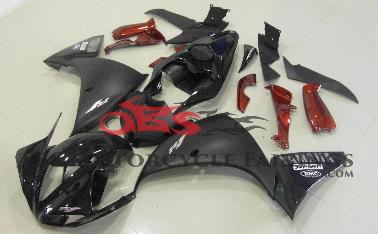 Gloss Black, Matte Black and Candy Apple Red Fairing Kit for a 2012, 2013 & 2014 Yamaha YZF-R1 motorcycle