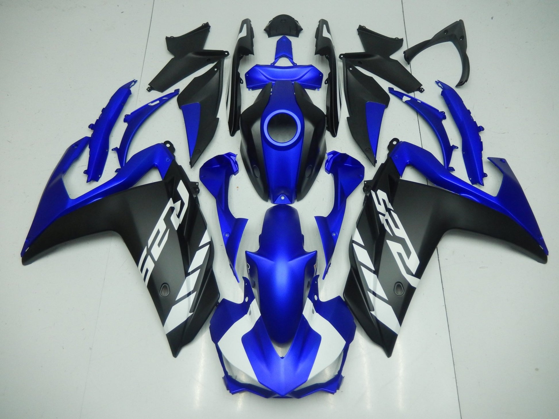 Matte Blue, Matte Black and Matte White Fairing Kit for a Yamaha YZF-R3 2015, 2016, 2017 & 2018 motorcycle