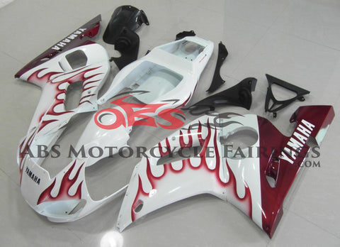 White and Dark Red Flame Fairing Kit for a 1998, 1999, 2000, 2001 & 2002 Yamaha YZF-R6 motorcycle