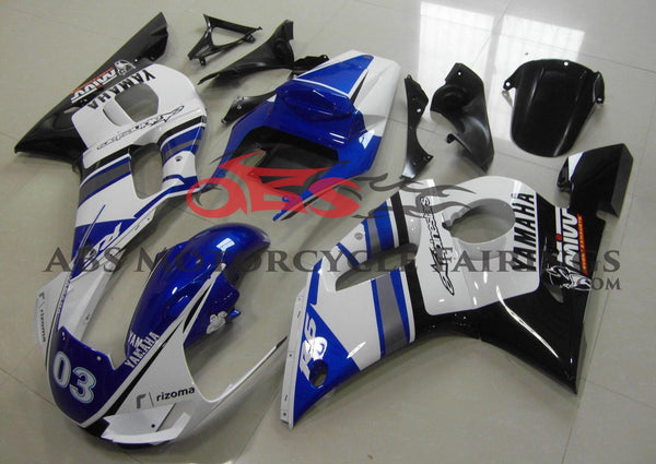  Blue, White and Black Fairing Kit for a 1998, 1999, 2000, 2001 & 2002 Yamaha YZF-R6 motorcycle