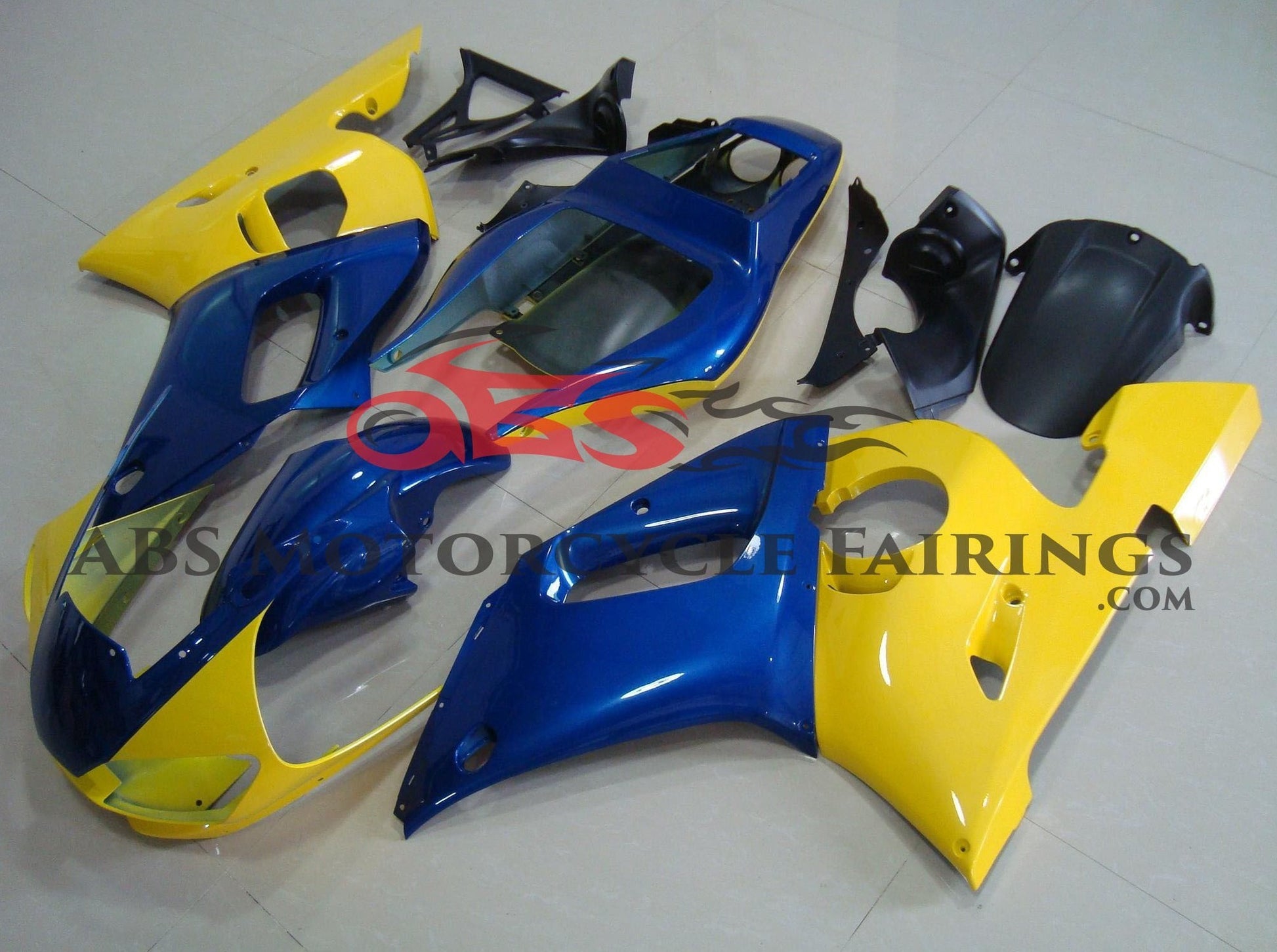 Yellow and Blue Fairing Kit for a 2005 Yamaha YZF-R6 motorcycle.