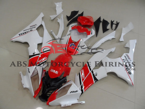 White and Red Fairing Kit for a 2008, 2009, 2010, 2011, 2012, 2013, 2014, 2015 & 2016 Yamaha YZF-R6 motorcycle