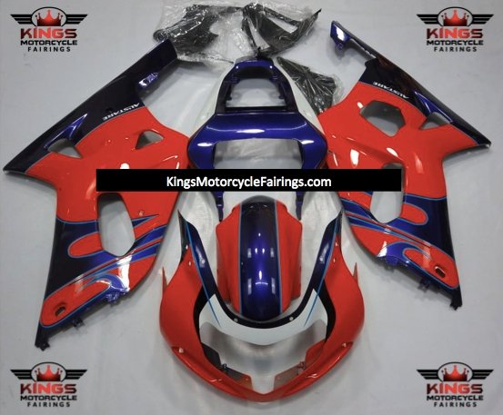 Red, Purple, Black and White Tribal Fairing Kit for a 2000, 2001, 2002 & 2003 Suzuki GSX-R600 motorcycle