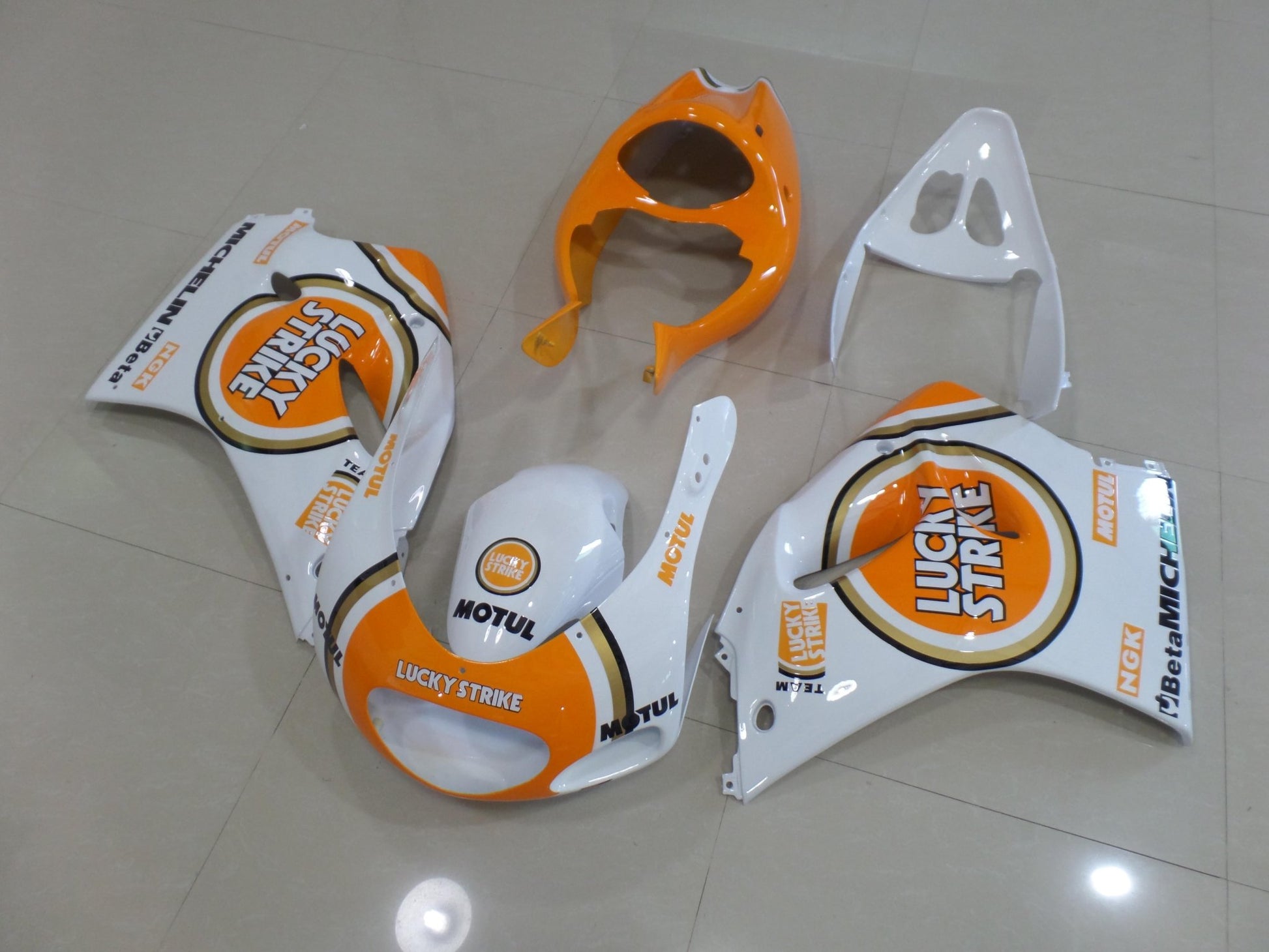 Suzuki RGV250 VJ22 Fairings (1991-1996) White, Orange Lucky Strike at KingsMotorcycleFairings.com
