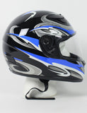 DOT approved black, blue, silver and white graphic full face motorcycle helmet