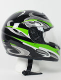 DOT approved black, green, silver and white graphic full face motorcycle helmet