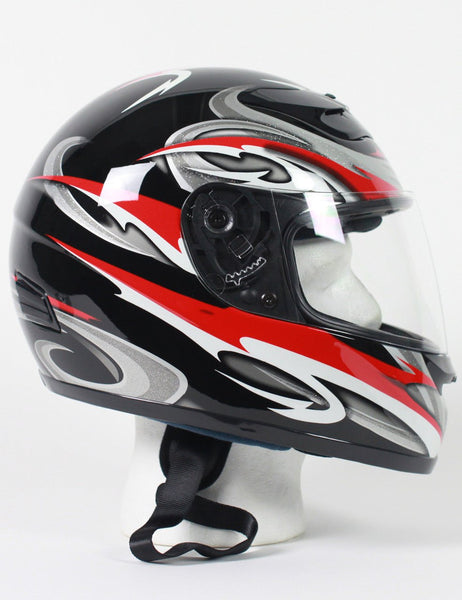 black, red, silver and white graphic full face motorcycle helmet