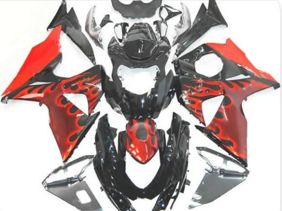 Black and Red Flame Fairing Kit for a 2009, 2010, 2011, 2012, 2013, 2014, 2015 & 2016 Suzuki GSX-R1000 motorcycle