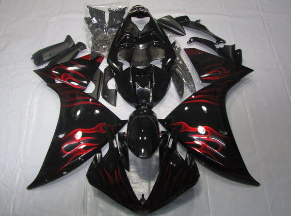 Black and Red Flames Fairing Kit for a 2012, 2013 & 2014 Yamaha YZF-R1 motorcycle