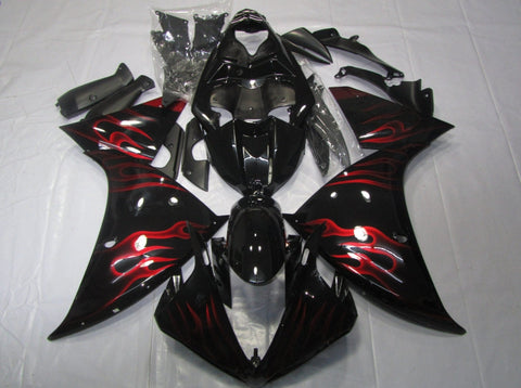 Black and Red Flames Fairing Kit for a 2012, 2013 & 2014 Yamaha YZF-R1 motorcycle