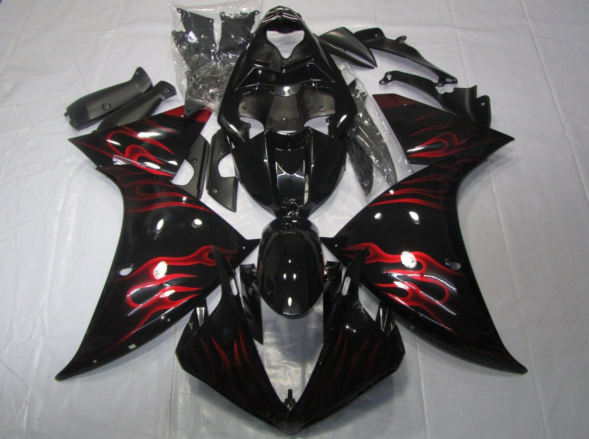 Black and Red Flames Fairing Kit for a 2009, 2010 & 2011 Yamaha YZF-R1 motorcycle