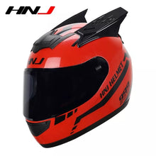 The Red and Black Warrior 999 HNJ Full-Face Motorcycle Helmet with Horns is brought to you by Kings Motorcycle Fairings