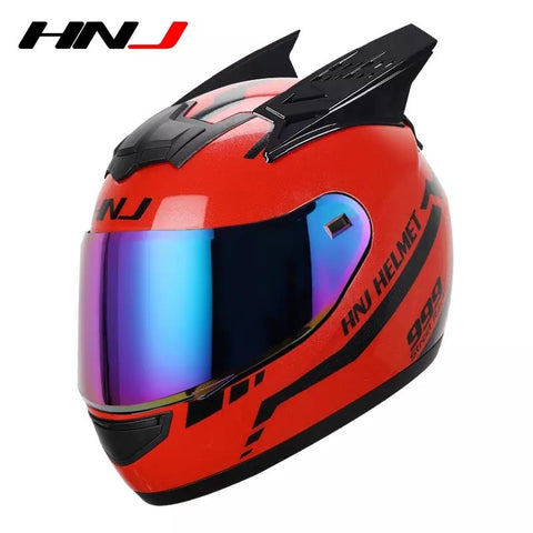 The Red and Black Warrior 999 HNJ Full-Face Motorcycle Helmet with Horns is brought to you by Kings Motorcycle Fairings.