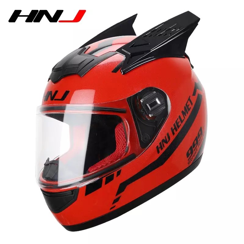 Red & Black Warrior 999 HNJ Motorcycle Helmet with Horns & Blue Visor