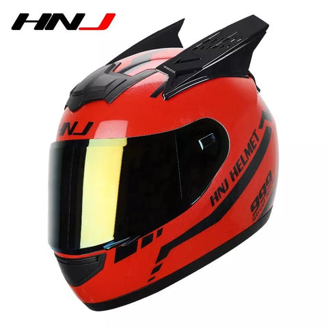 The Red and Black Warrior 999 HNJ Full-Face Motorcycle Helmet with Horns is brought to you by Kings Motorcycle Fairings