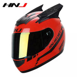 The Red and Black Warrior 999 HNJ Full-Face Motorcycle Helmet with Horns is brought to you by Kings Motorcycle Fairings.