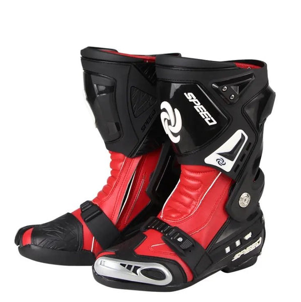 Red & Black Tall Speed Leather Motorcycle Boots at KingsMotorcycleFairings.com