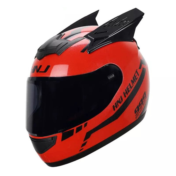 Red, Black Warrior 999 HNJ Motorcycle Helmet, Horns & Black Visor at KingsMotorcycleFairings.com