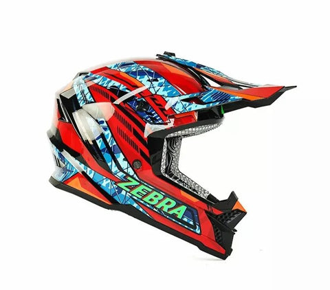 Red, Blue, Black, Orange and Green Zebra Dirt Bike Motorcycle Helmet is brought to you by Kings Motorcycle Fairings - KingsMotorcycleFairings.com