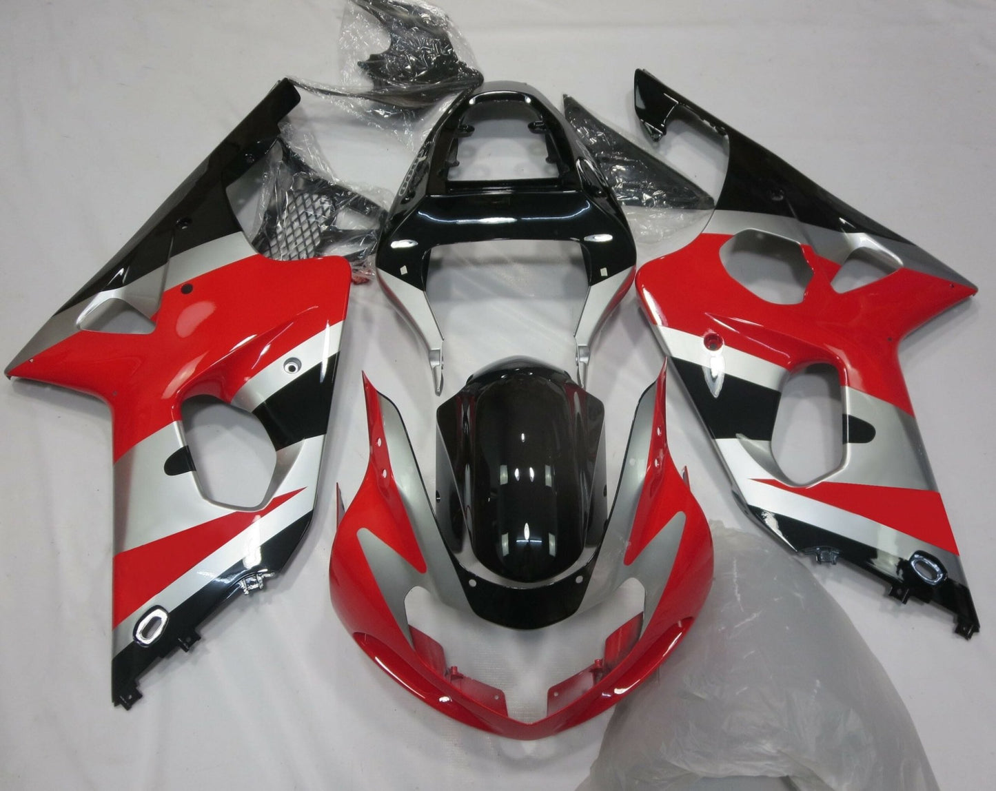 Red, Silver and Black Fairing Kit for a 2000, 2001 & 2002 Suzuki GSX-R1000 motorcycle