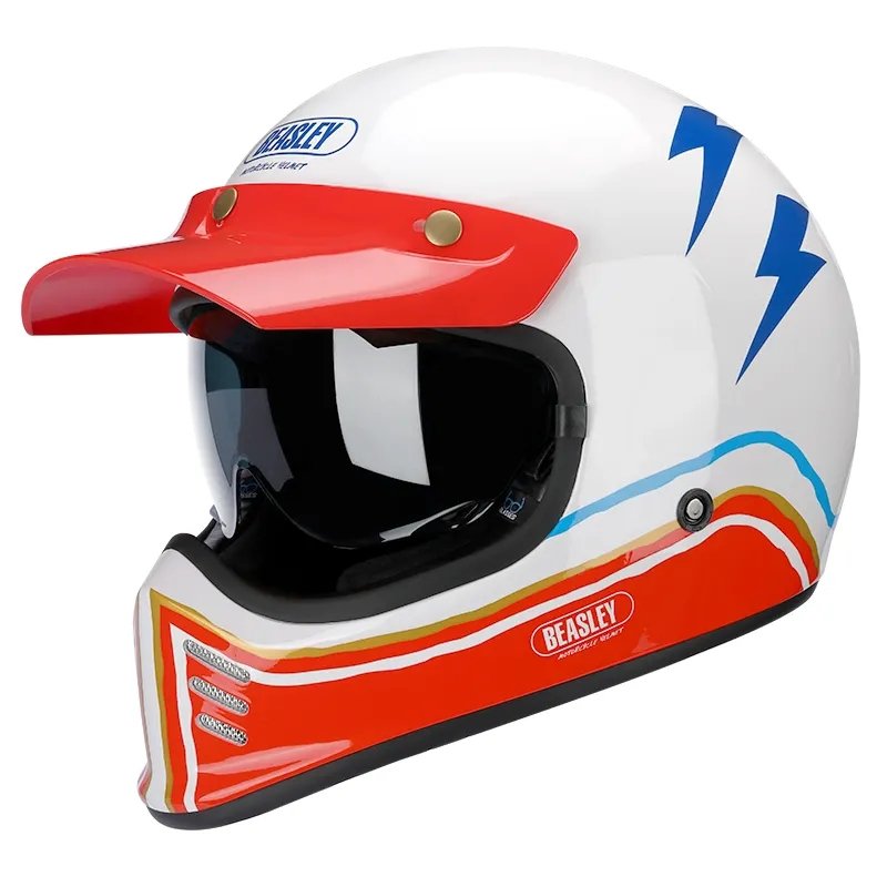 Beasley Motorcycle Helmet | Red, White, Blue Lightning