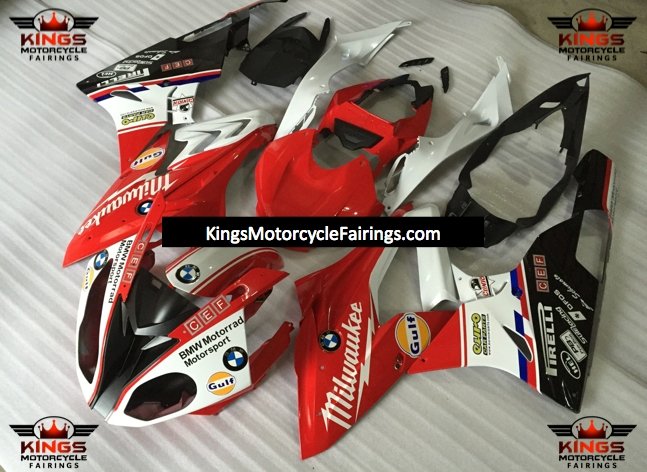 Red, White and Black Milwaukee Fairing Kit for a 2009, 2010, 2011, 2012, 2013 and 2014 BMW S1000RR motorcycle