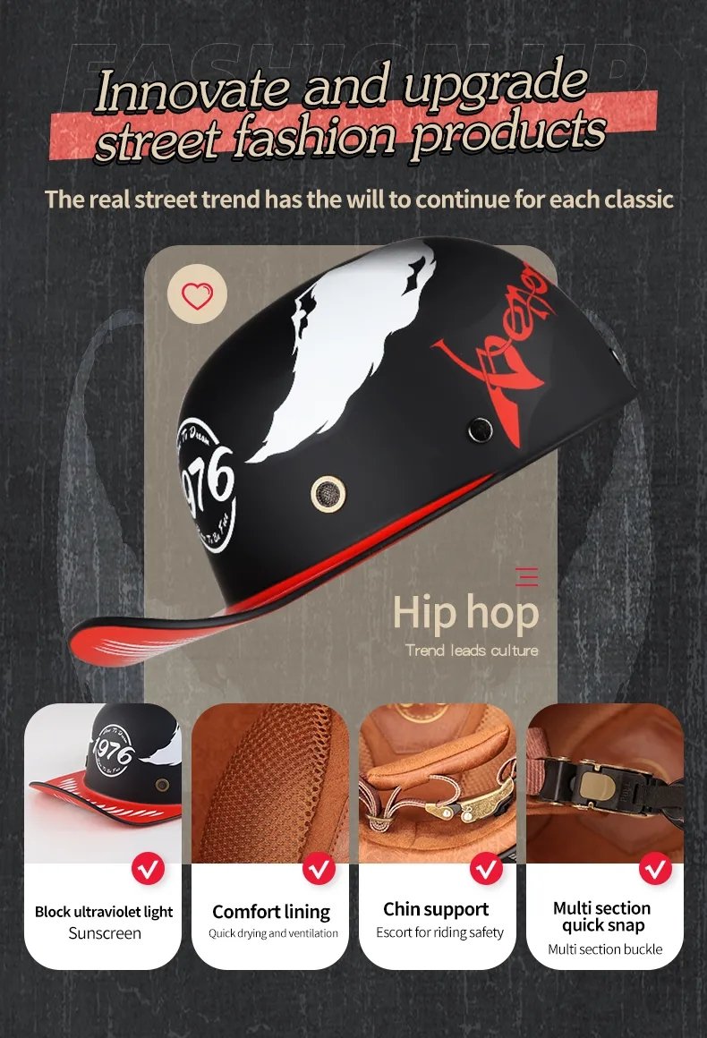 Black, Red, Yellow and White Chinese Style Retro Baseball Cap Motorcycle Helmet at KingsMotorcycleFairings.com