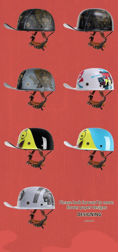 Black, Red, Yellow and White Chinese Style Retro Baseball Cap Motorcycle Helmet at KingsMotorcycleFairings.com
