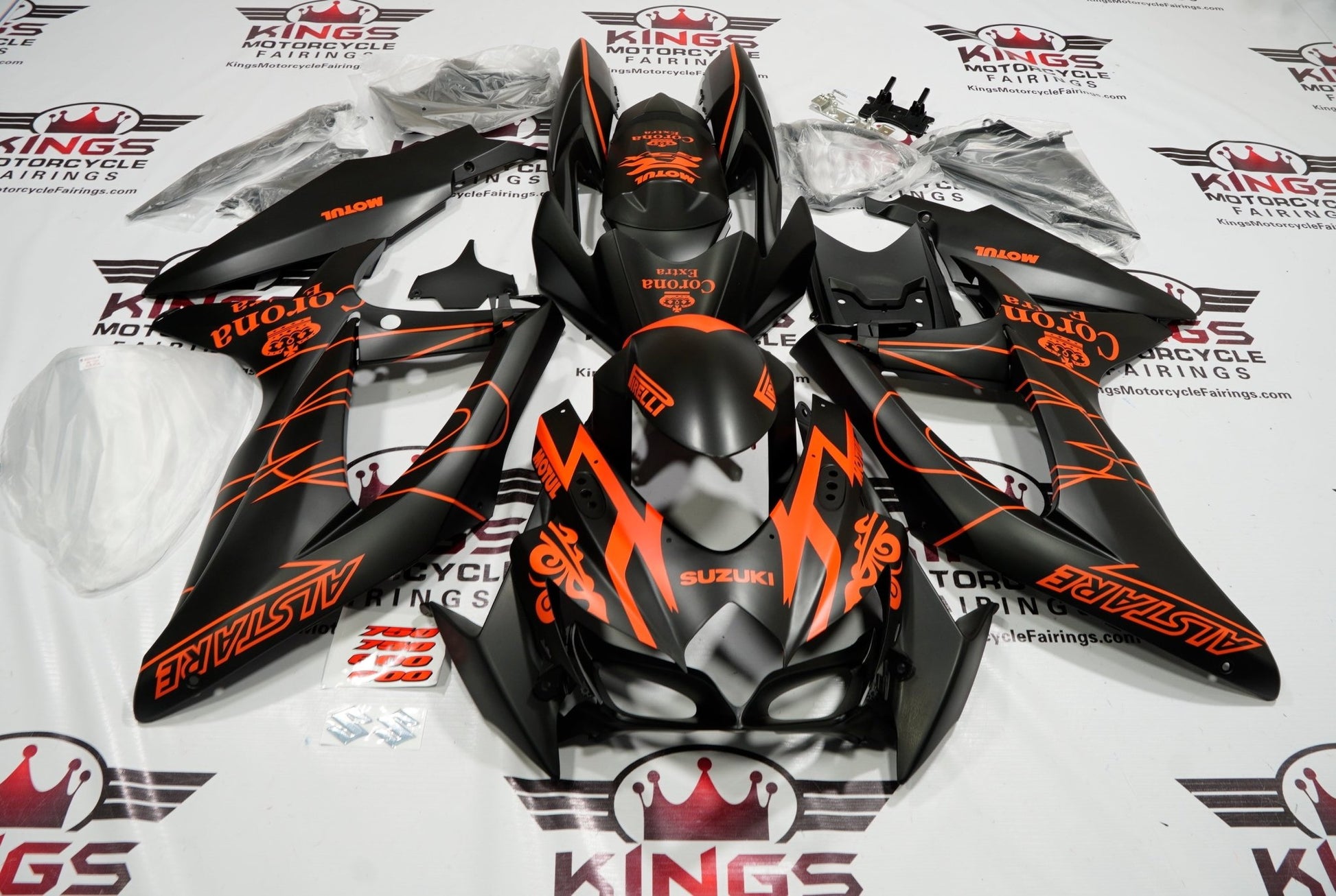 SUZUKI GSXR750 (2008-2010) MATTE BLACK & MATTE ORANGE TRIBAL CORONA FAIRINGS at KingsMotorcycleFairings.com