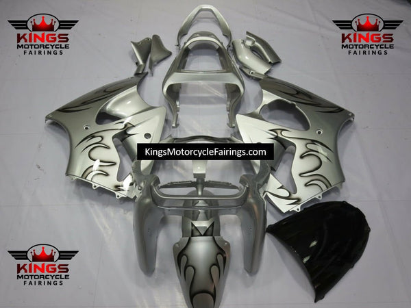 Fairing kit for a Kawasaki ZX6R 636 (2000-2002) Silver and Black Flames