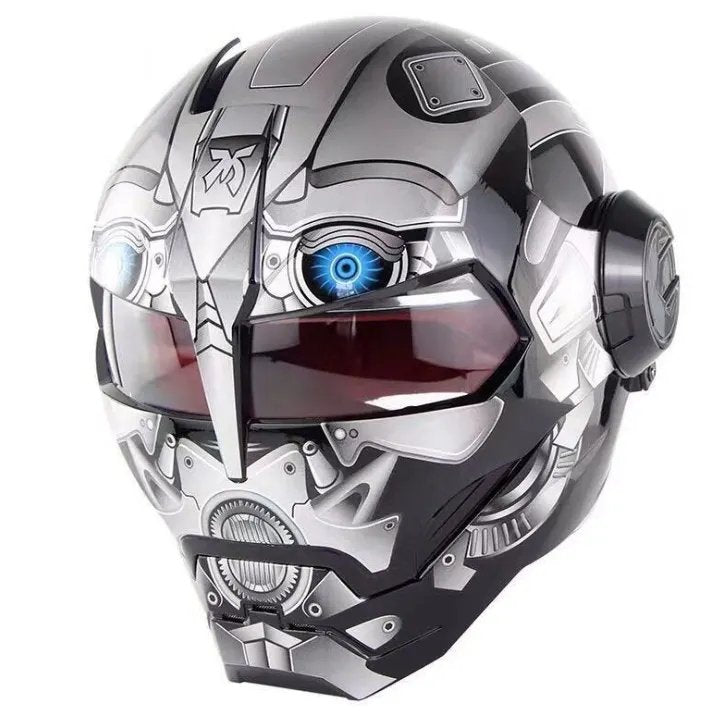 Silver, Black Robot Iron Man Motorcycle Helmet