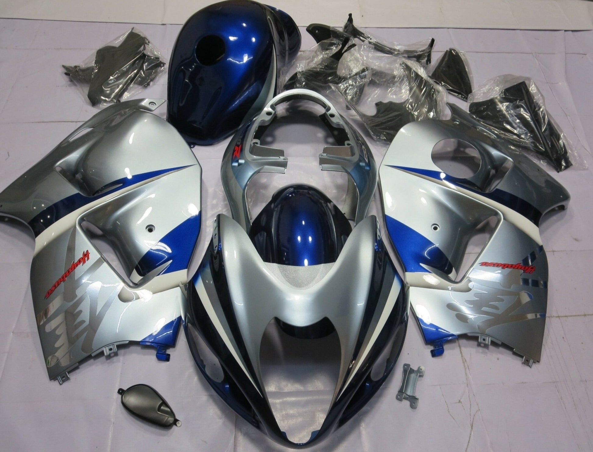 Silver and Dark Blue Fairing Kit for a 1999, 2000, 2001, 2002, 2003, 2004, 2005, 2006, & 2007 Suzuki GSX-R1300 Hayabusa motorcycle Fairings at KingsMotorcycle airings