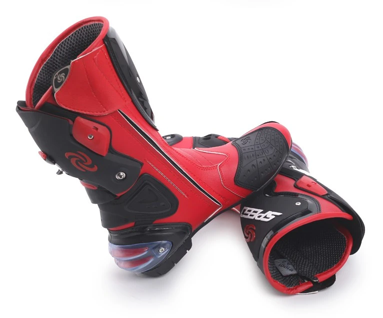Speed Motorcycle Boots in Red, Black & White Leather at KingsMotorcycleFairings.com