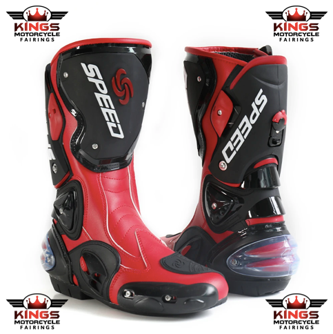 Speed Motorcycle Boots in Red, Black & White Leather at KingsMotorcycleFairings.com