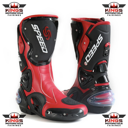 Speed Motorcycle Boots in Red, Black & White Leather at KingsMotorcycleFairings.com