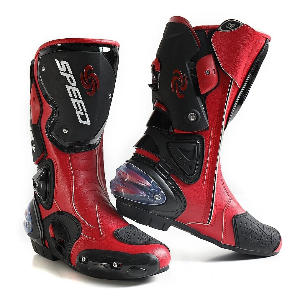 Speed Motorcycle Boots in Red, Black & White Leather at KingsMotorcycleFairings.com