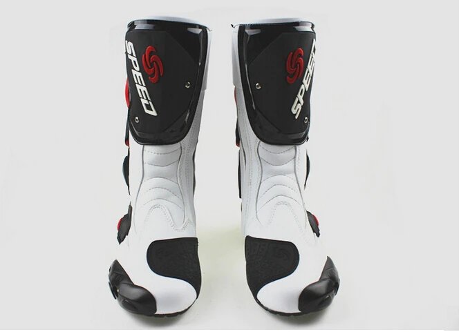 Speed Motorcycle Boots in White, Black & Red Leather at KingsMotorcycleFairings.com