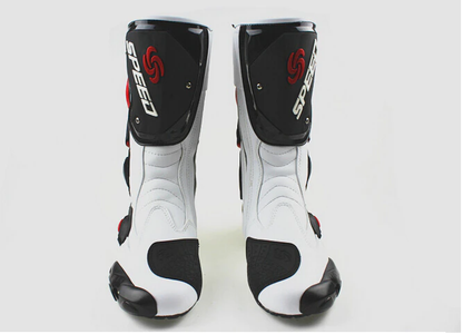 Speed Motorcycle Boots in White, Black & Red Leather at KingsMotorcycleFairings.com