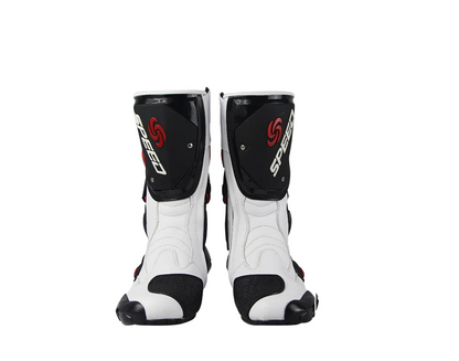 Speed Motorcycle Boots in White, Black & Red Leather at KingsMotorcycleFairings.com