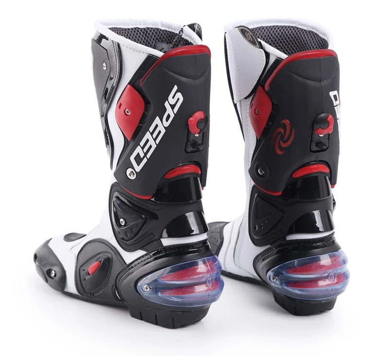 Speed Motorcycle Boots in White, Black & Red Leather at KingsMotorcycleFairings.com