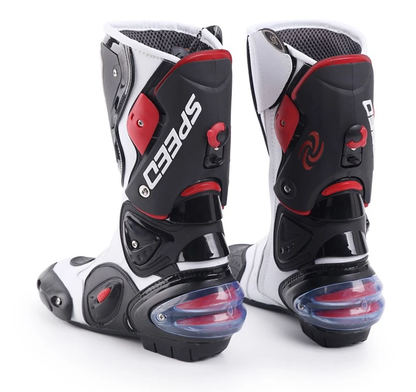 Speed Motorcycle Boots in White, Black & Red Leather at KingsMotorcycleFairings.com